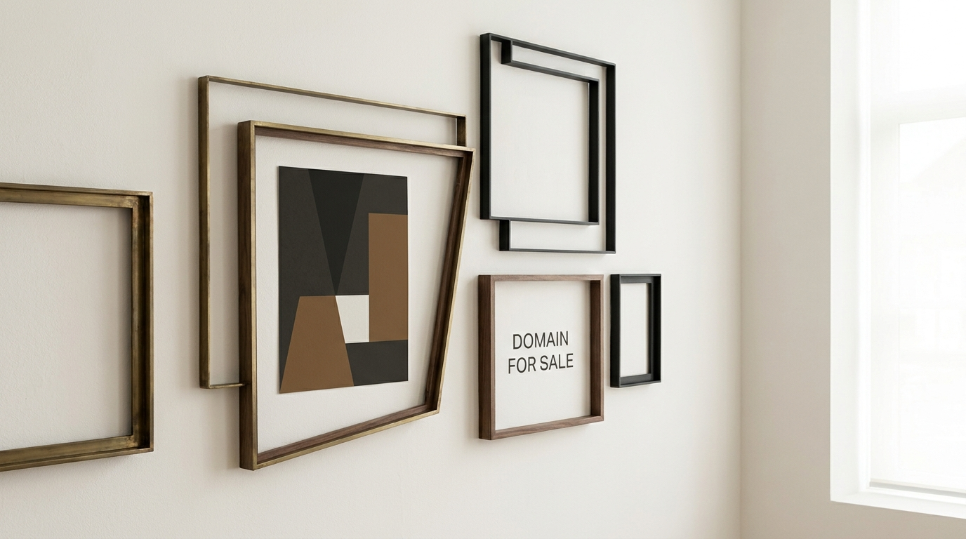 Minimalistyczna kompozycja pustych ram na jasnej ścianie galerii z napisem Domain For Sale.